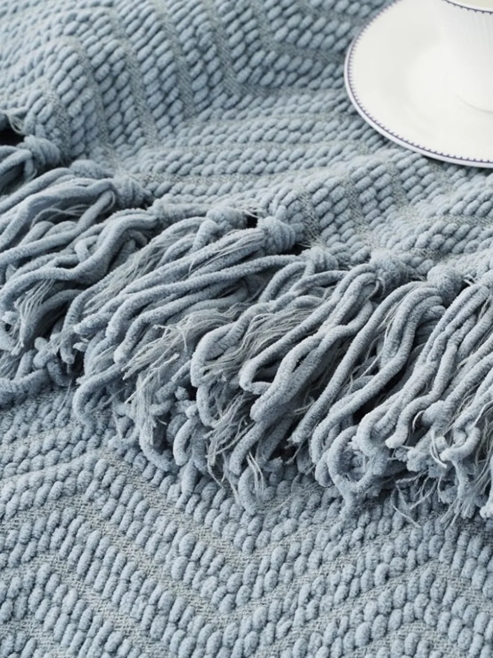 Cozy Textured Throw Blanket - Light Blue Chenille with Fringe 60 X 80